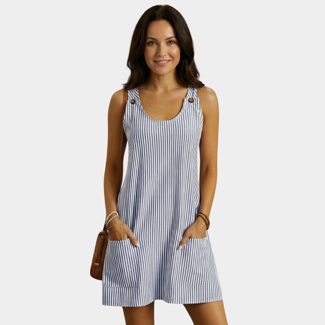Robe courte rayée sans manches avec poches pour femme