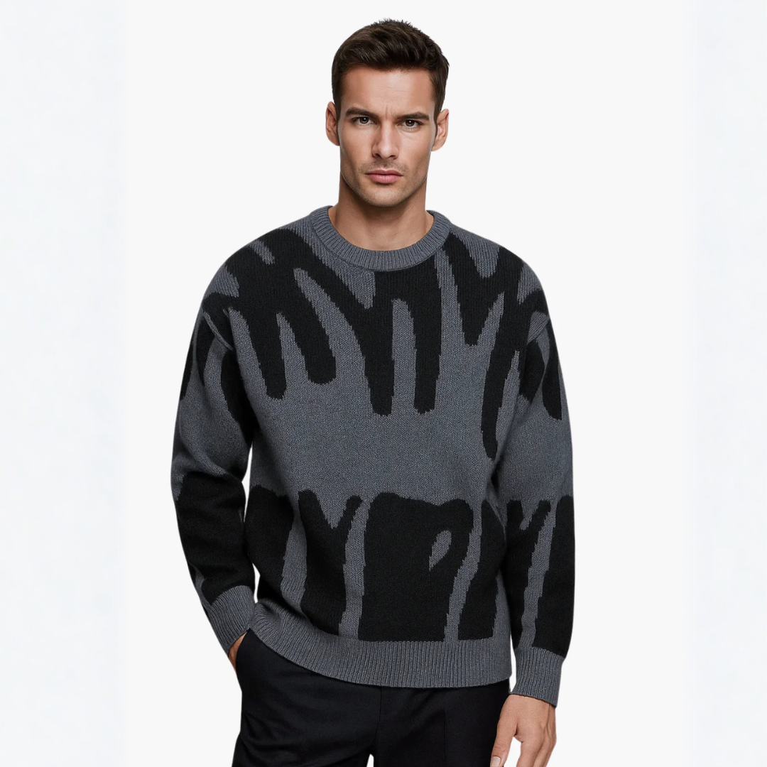 Pull homme à motif abstrait gris et noir