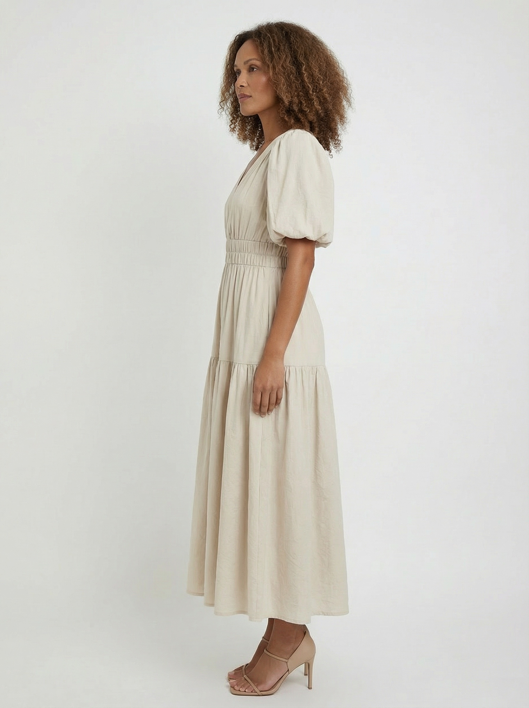 Robe midi élégante à manches bouffantes pour femme