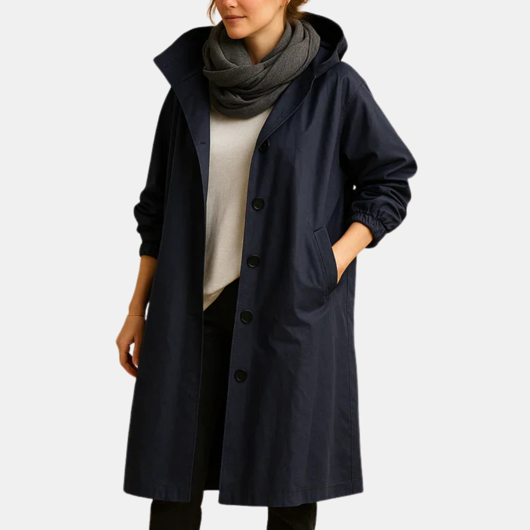 Manteau long imperméable pour femme avec capuche et poches