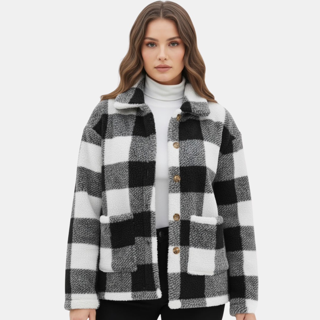 Veste teddy à carreaux douce et confortable pour femme