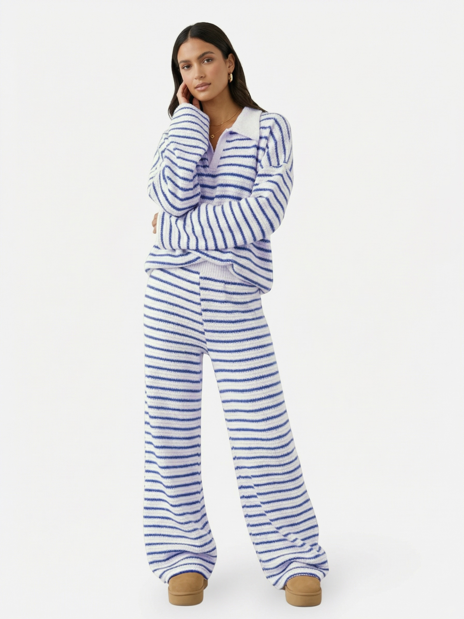 Ensemble maille rayée col polo pour femme