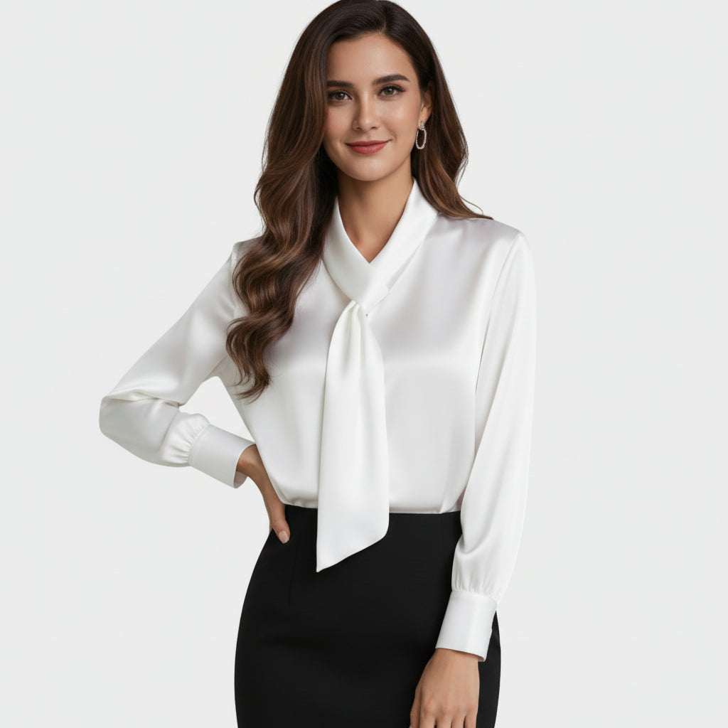 Elegant satin blouse with pussy bow for women