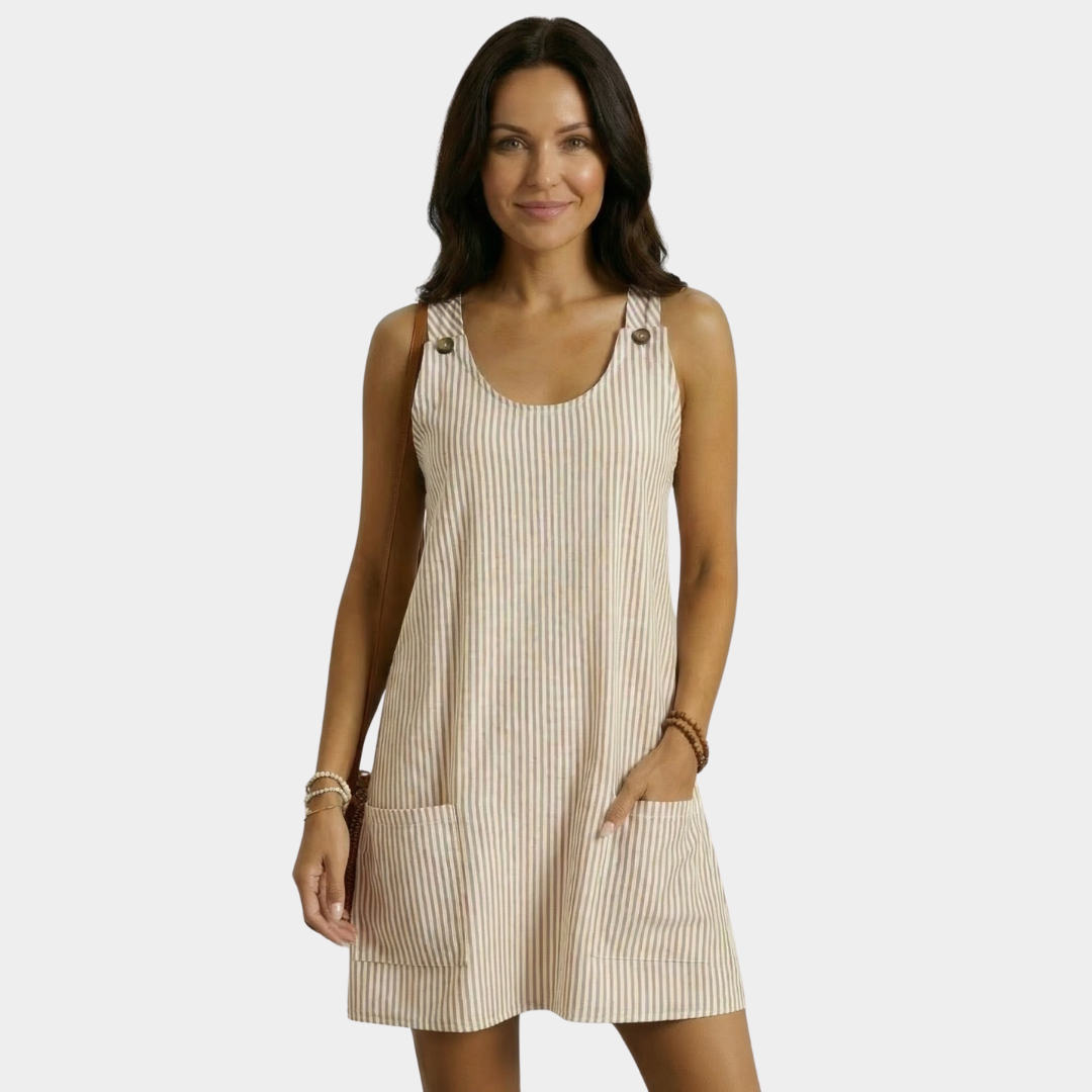 Robe courte rayée sans manches avec poches pour femme