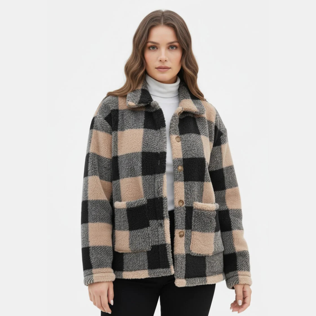 Veste teddy à carreaux douce et confortable pour femme