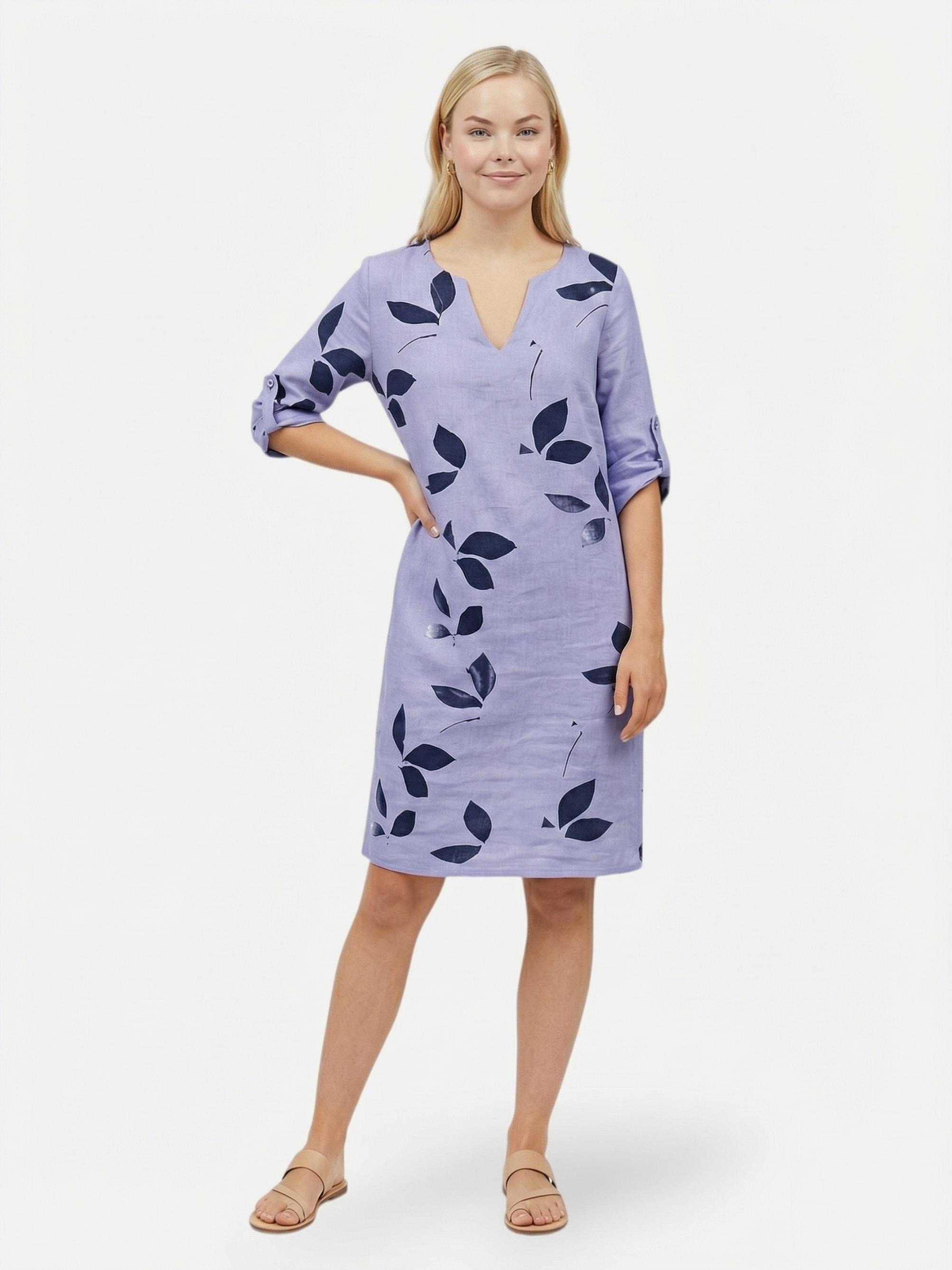V-neck dress with leaf print and roll-up sleeves for women