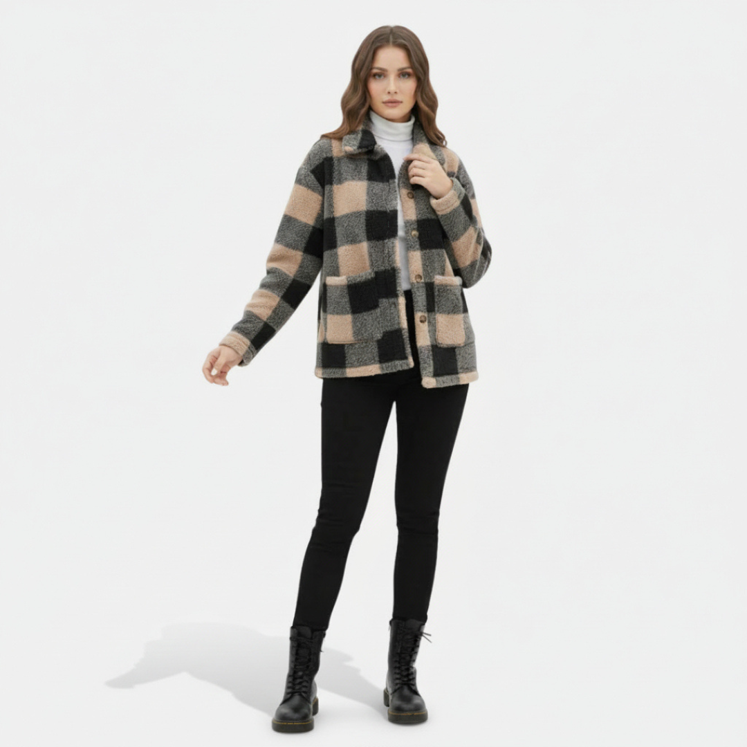 Veste teddy à carreaux douce et confortable pour femme