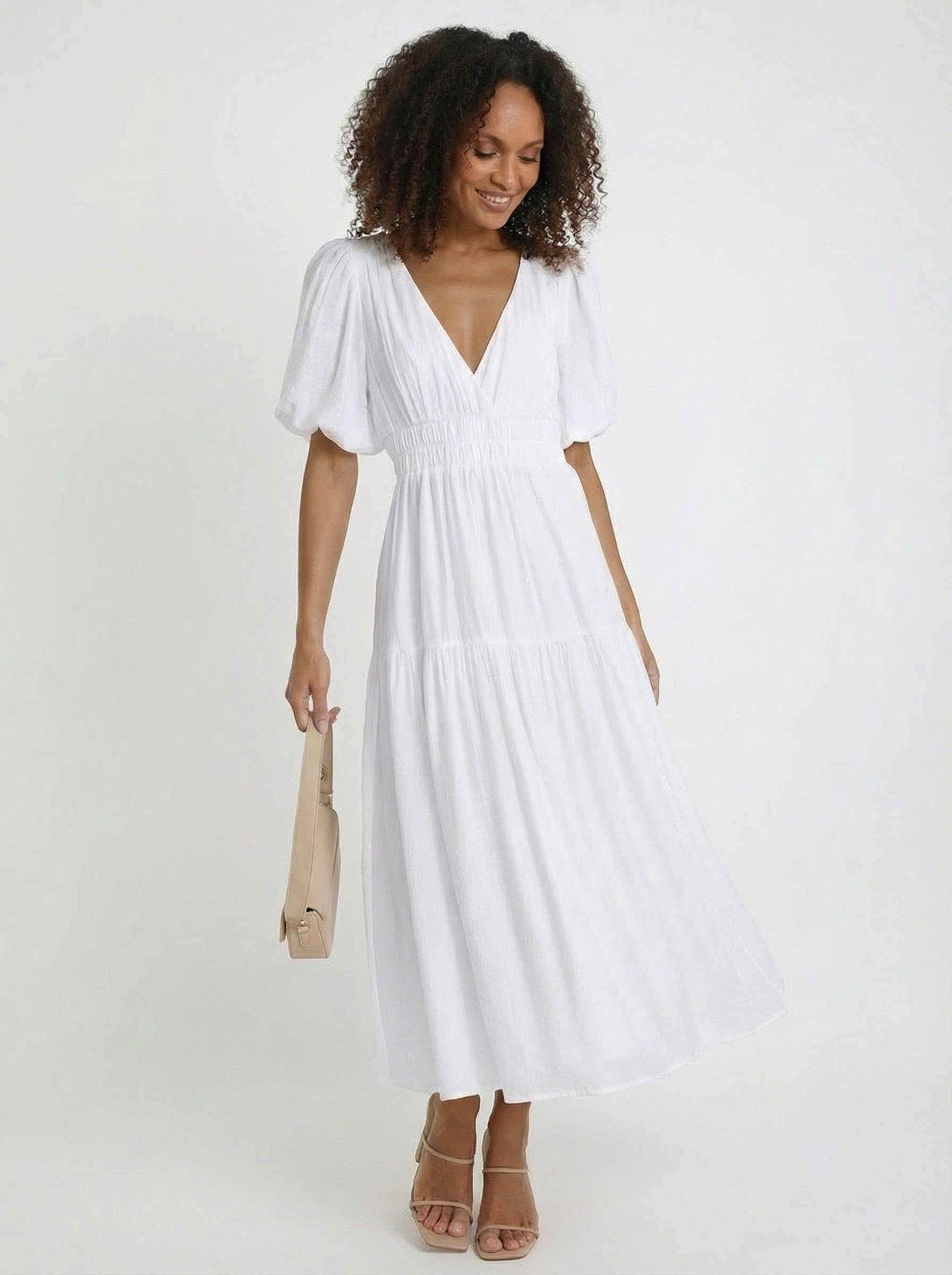 Robe midi élégante à manches bouffantes pour femme