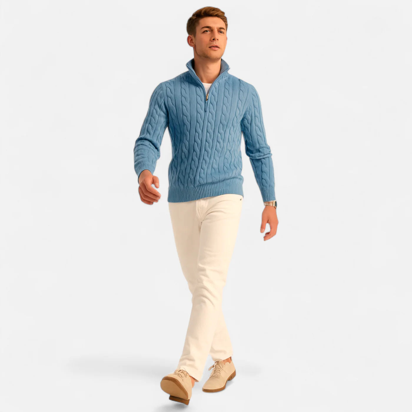 Pull à col roulé zippé en maille épaisse pour homme