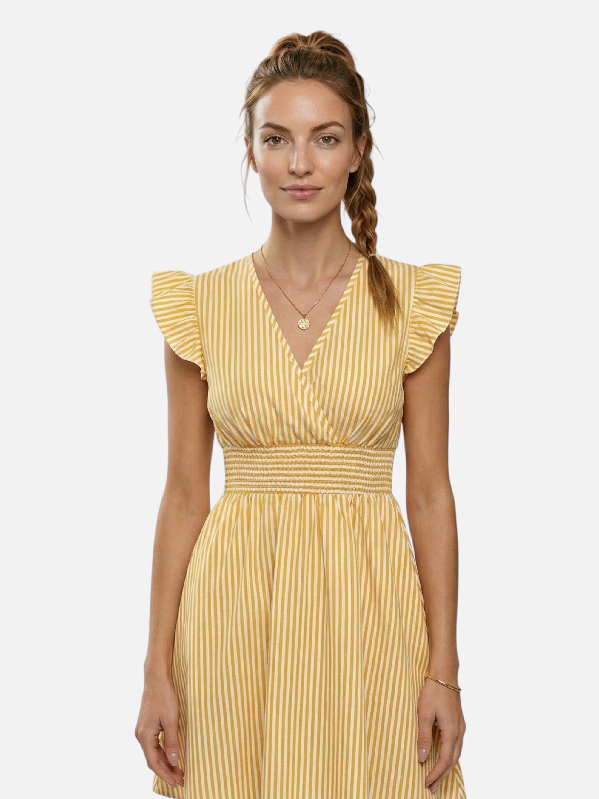 Striped summer dress with flutter sleeves for women