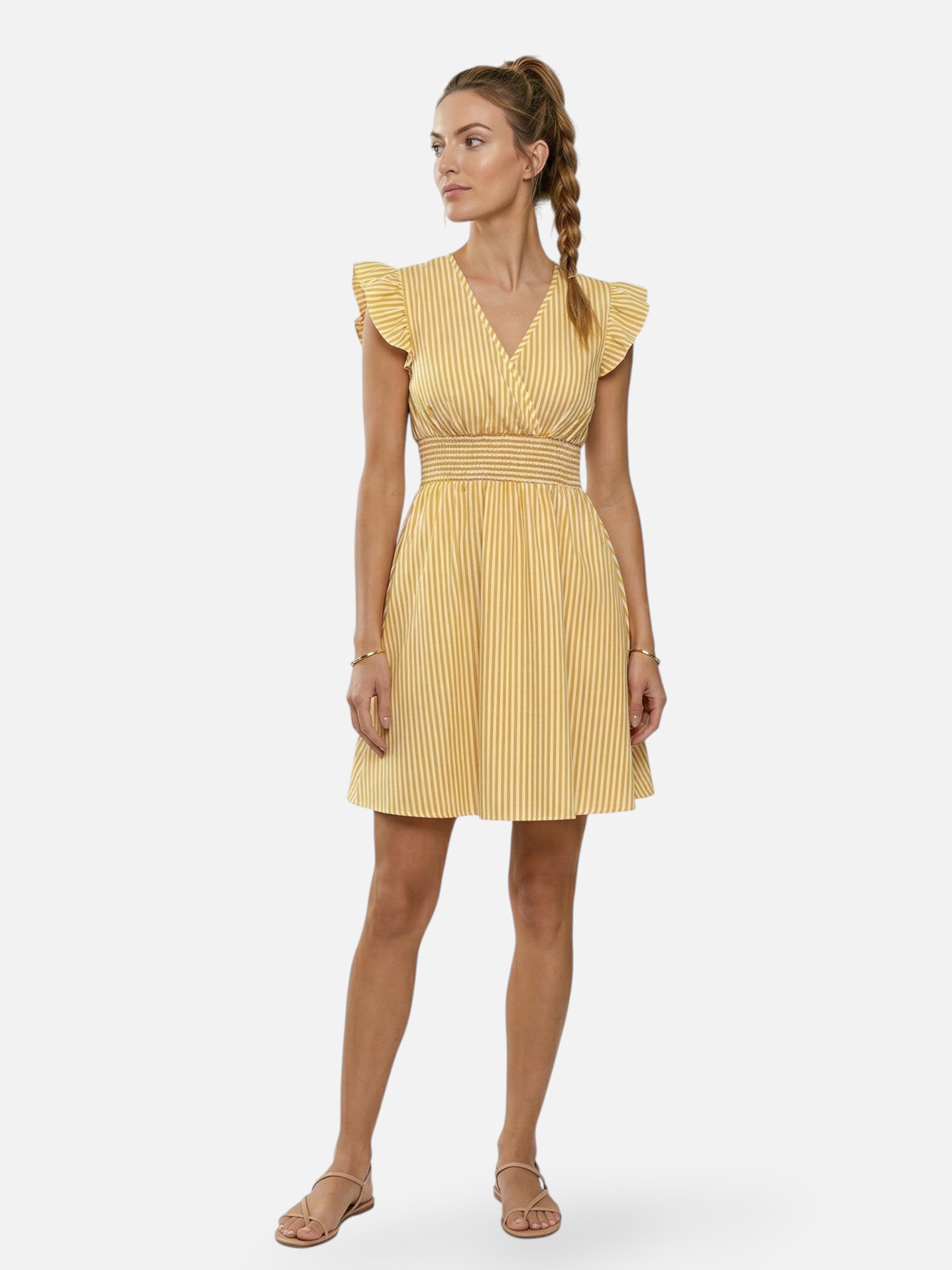 Striped summer dress with flutter sleeves for women