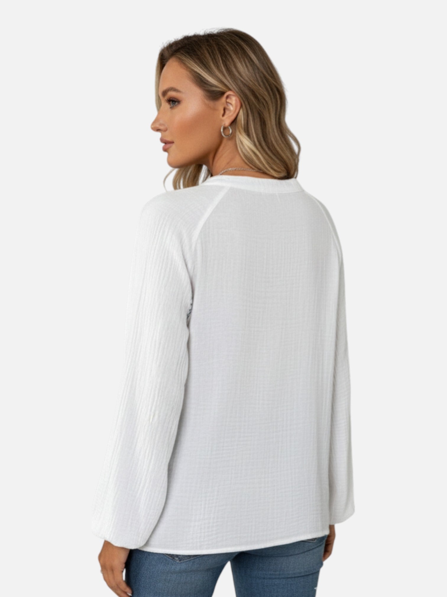 Blouse brodée col V manches longues pour femme
