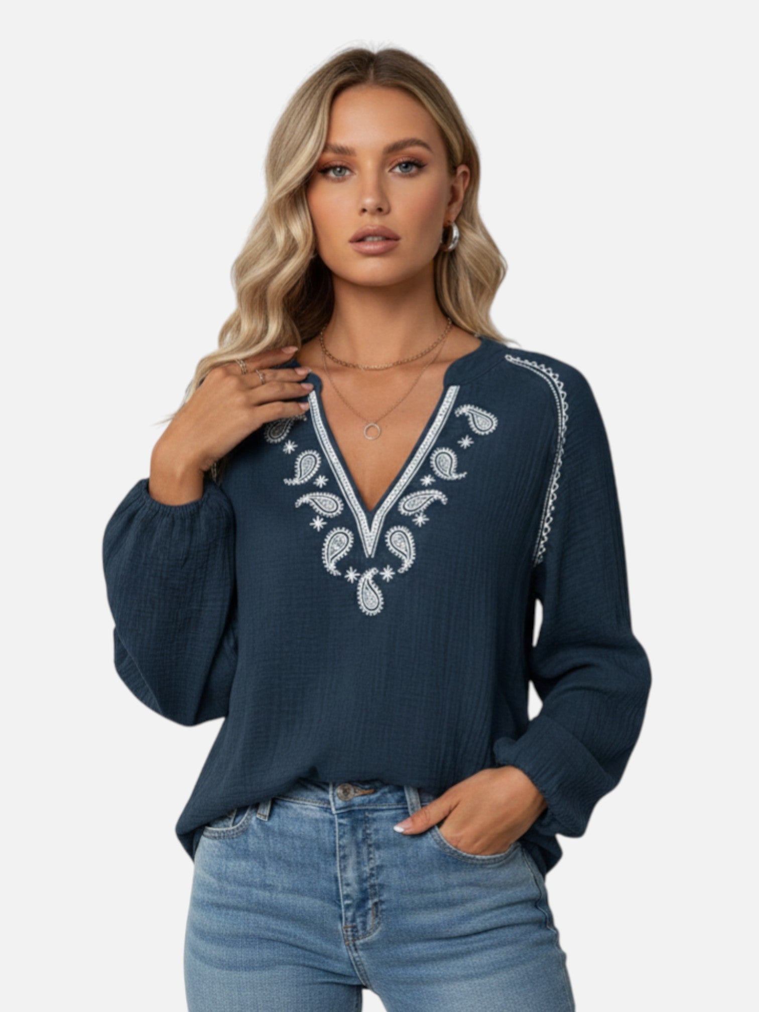 Blouse brodée col V manches longues pour femme