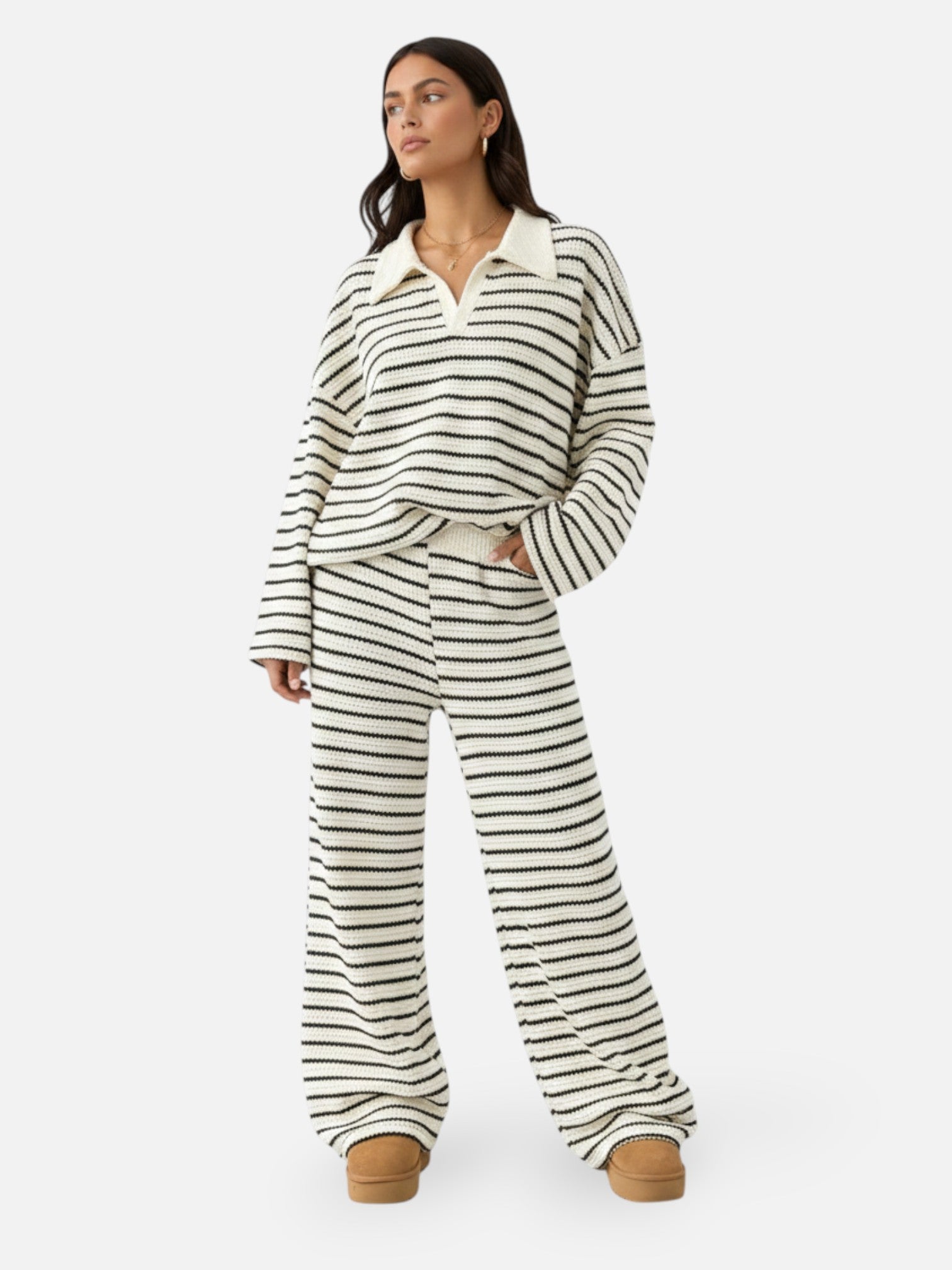 Ensemble maille rayée col polo pour femme