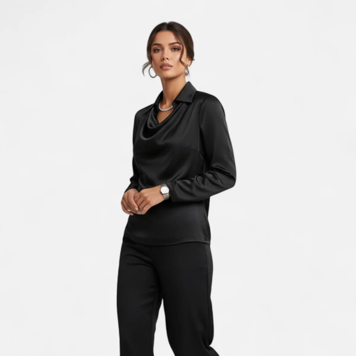 Pleated V-neck satin blouse for women