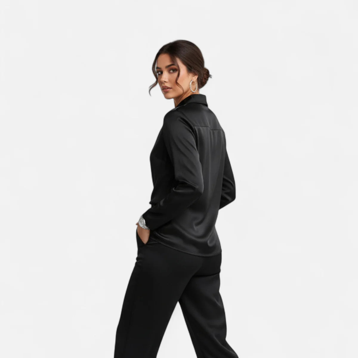 Pleated V-neck satin blouse for women