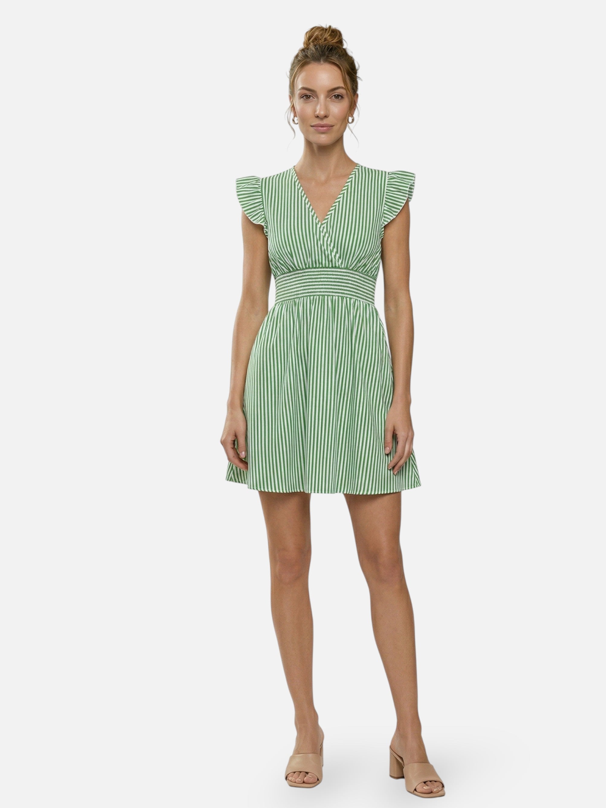 Striped summer dress with flutter sleeves for women