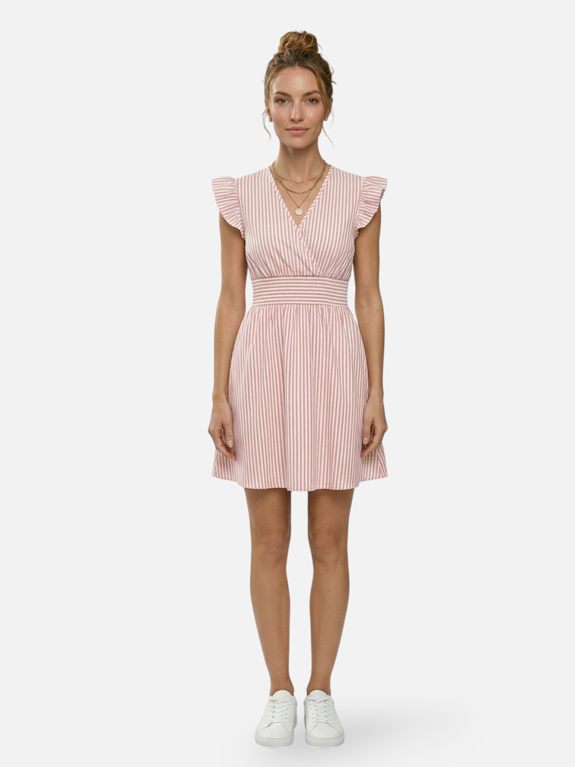 Striped summer dress with flutter sleeves for women
