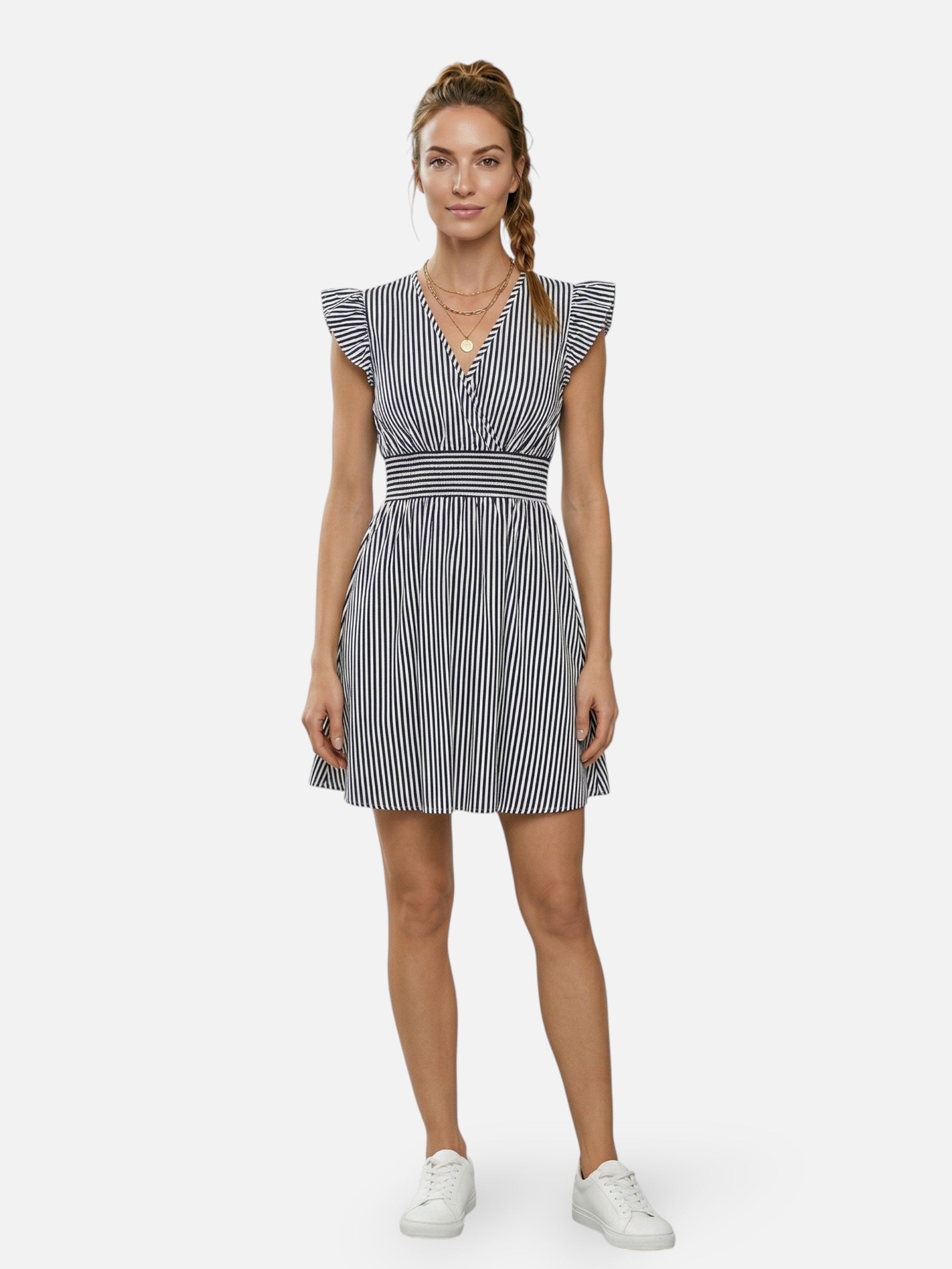 Striped summer dress with flutter sleeves for women