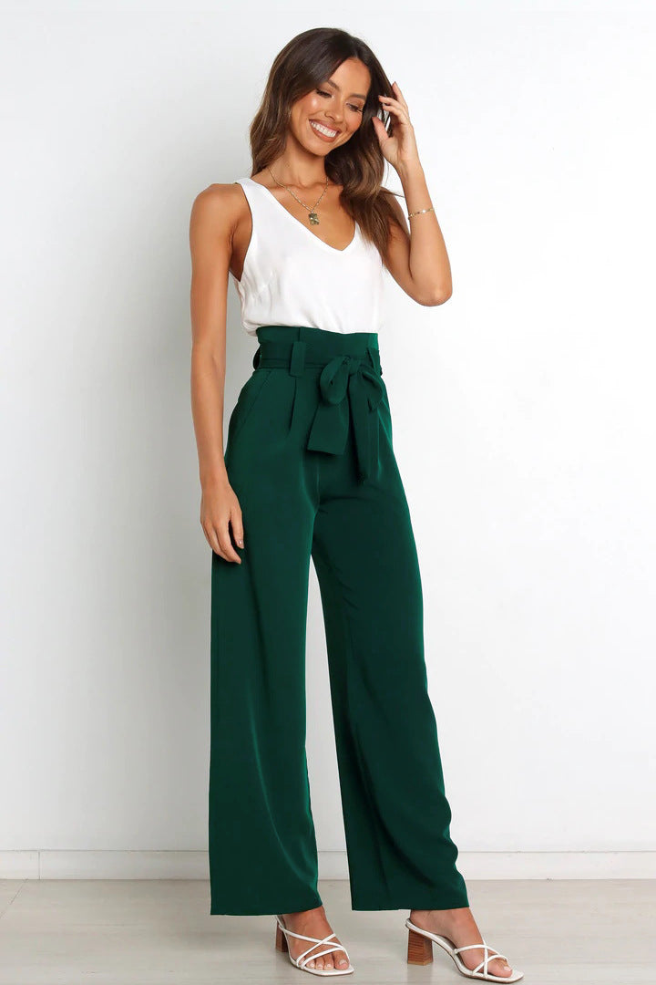 Pantalon taille haute avec ceinture à nouer pour femme