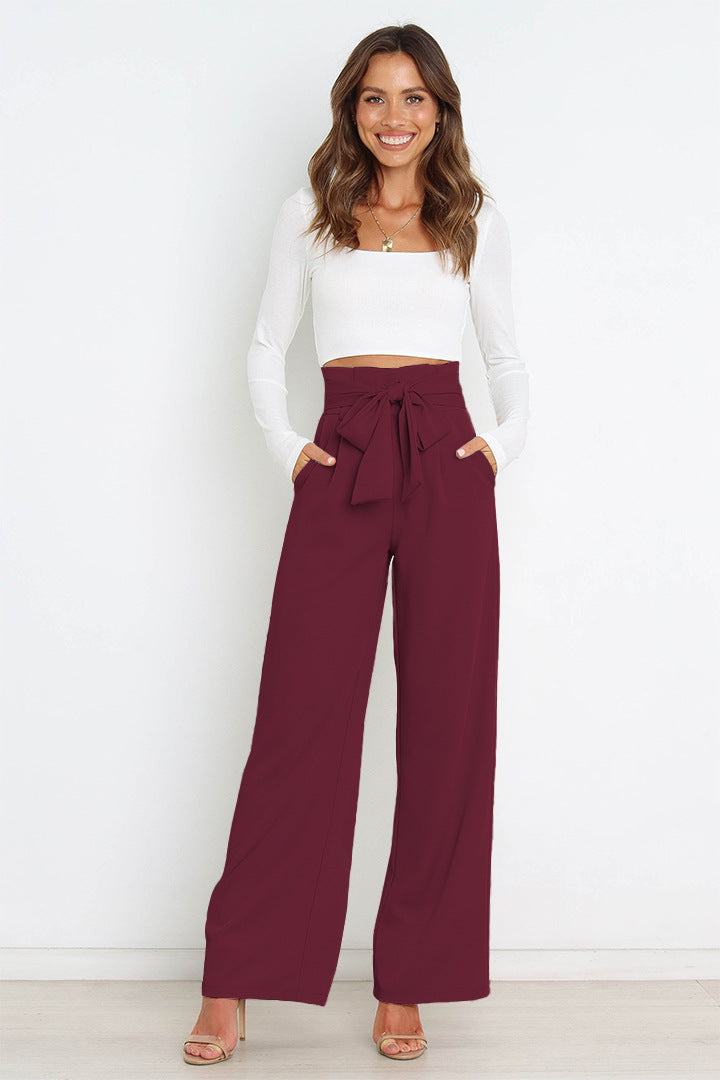 Pantalon taille haute avec ceinture à nouer pour femme