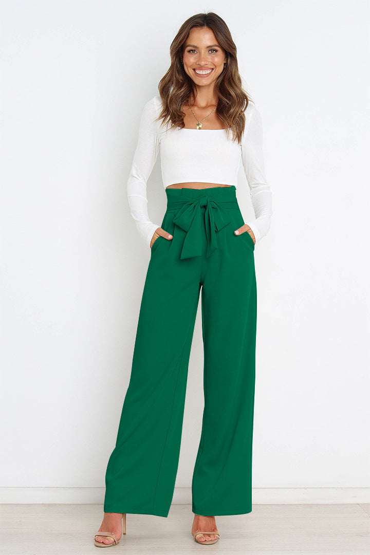 Pantalon taille haute avec ceinture à nouer pour femme