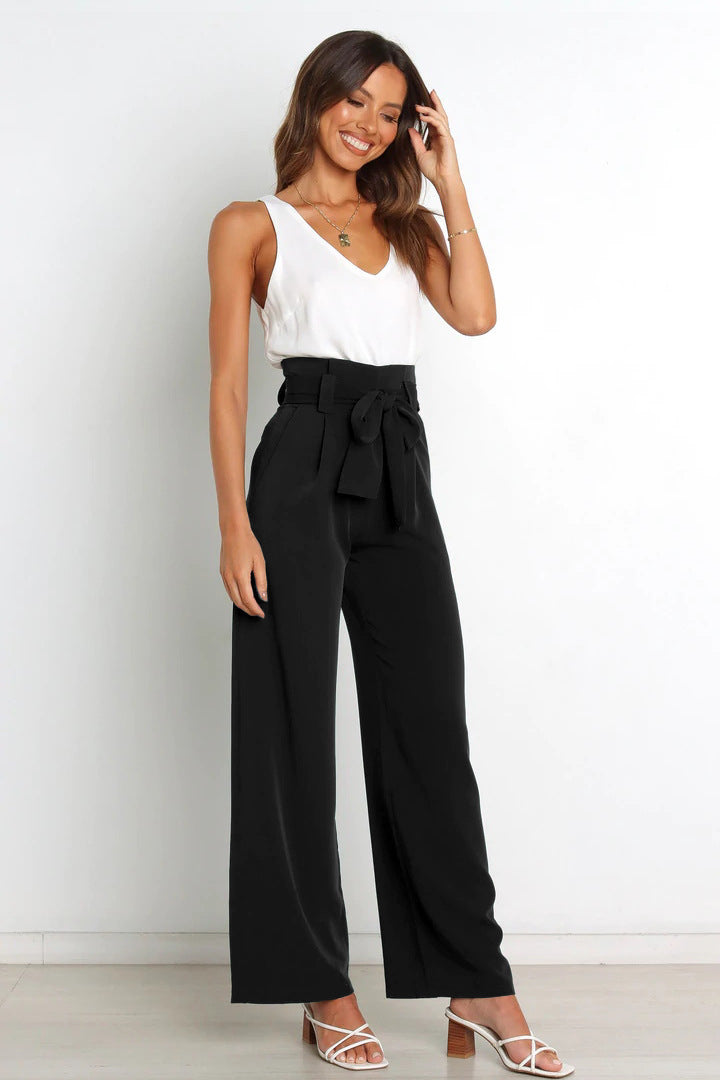 Pantalon taille haute avec ceinture à nouer pour femme