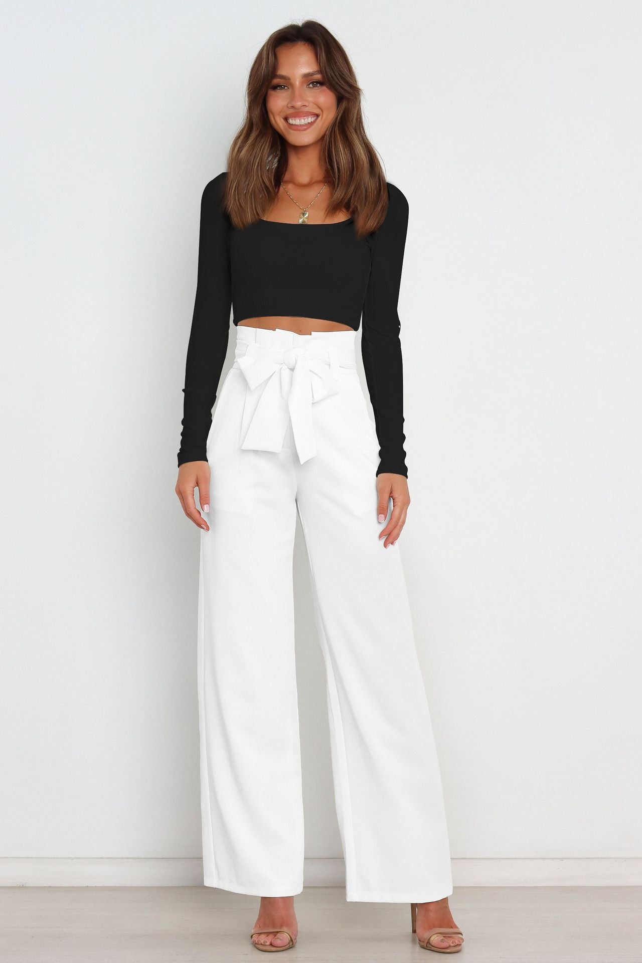 Pantalon taille haute avec ceinture à nouer pour femme