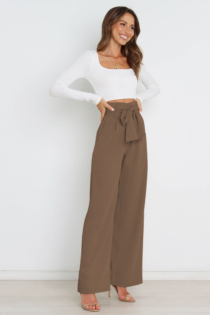 Pantalon taille haute avec ceinture à nouer pour femme