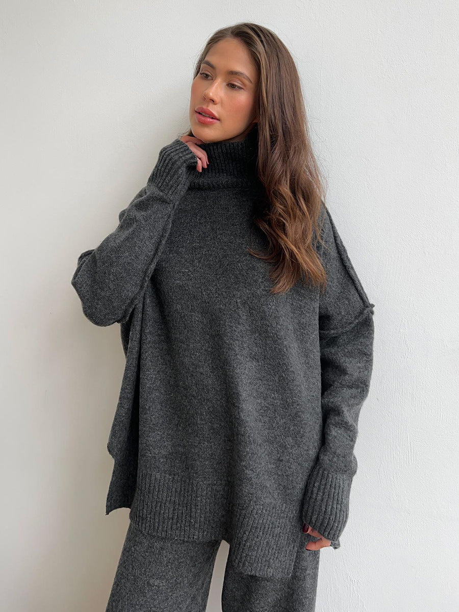Ensemble pull à col roulé tricoté pour femme