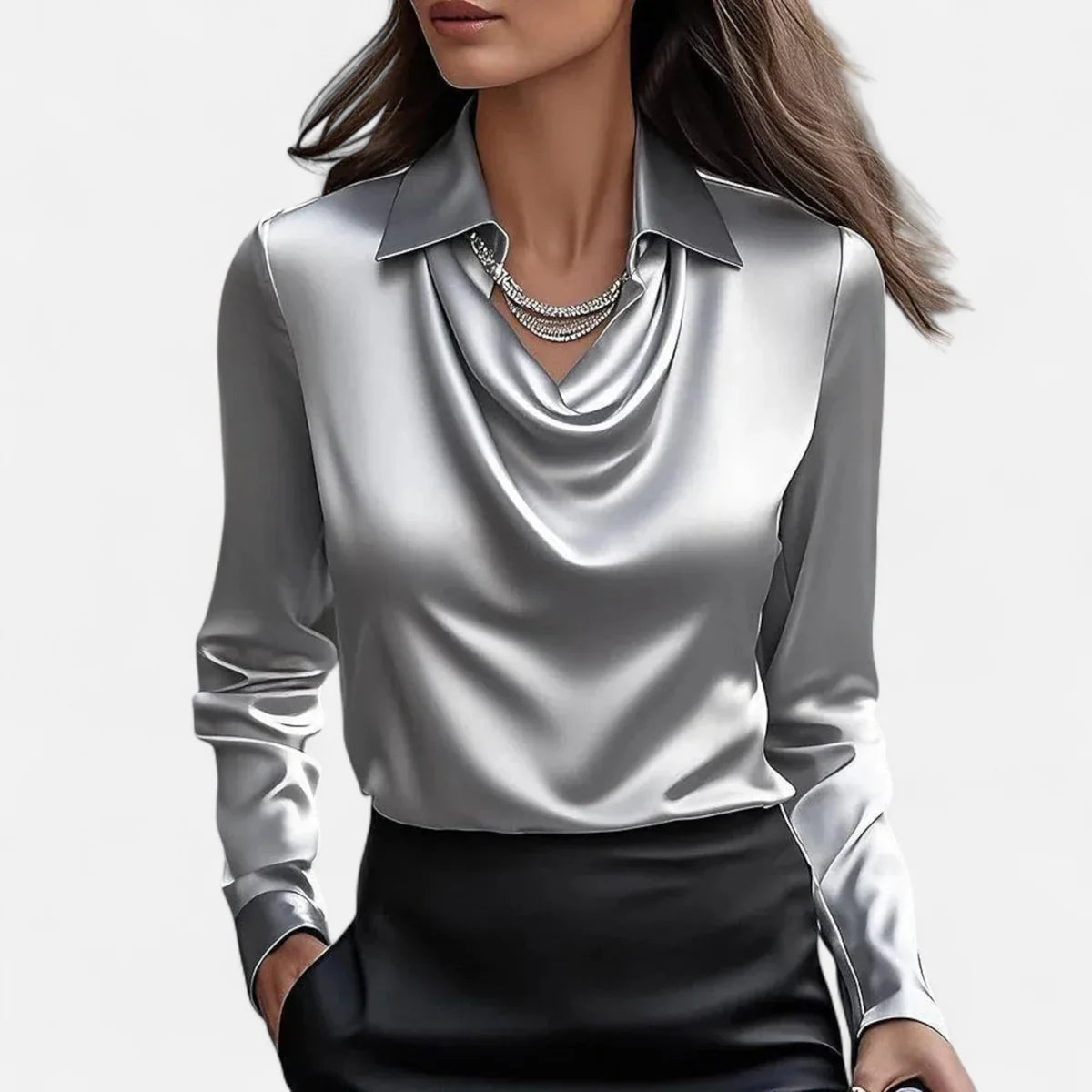 Blouse en Satin à Col en V Plissé pour Femme