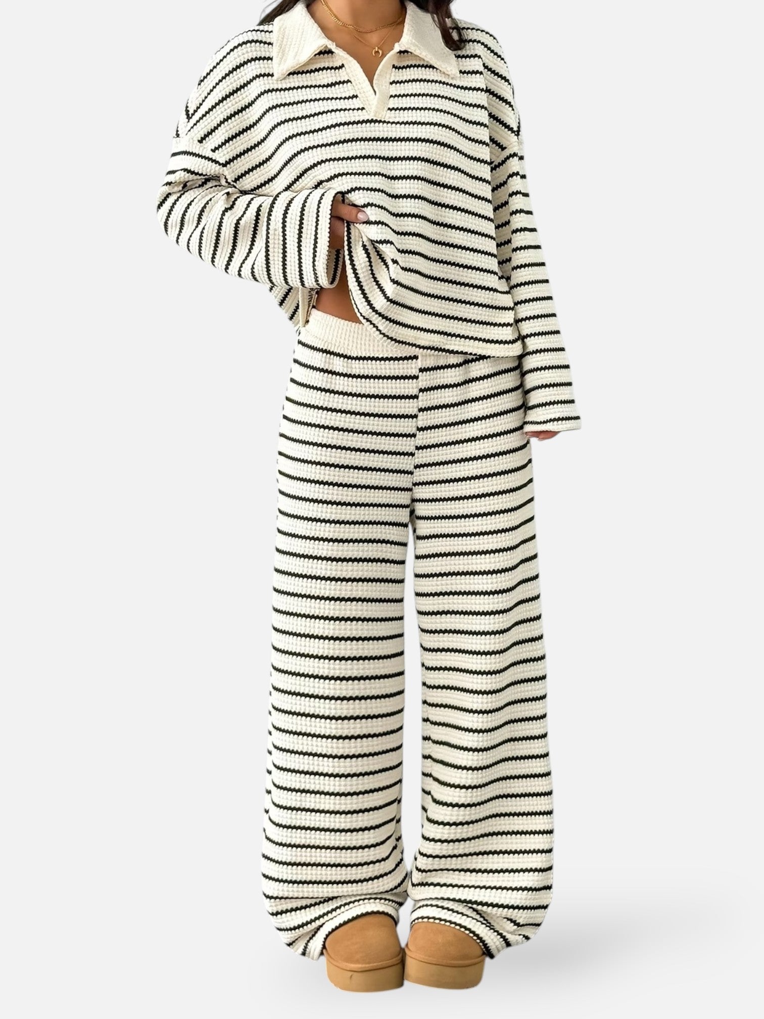 Ensemble maille rayée col polo pour femme