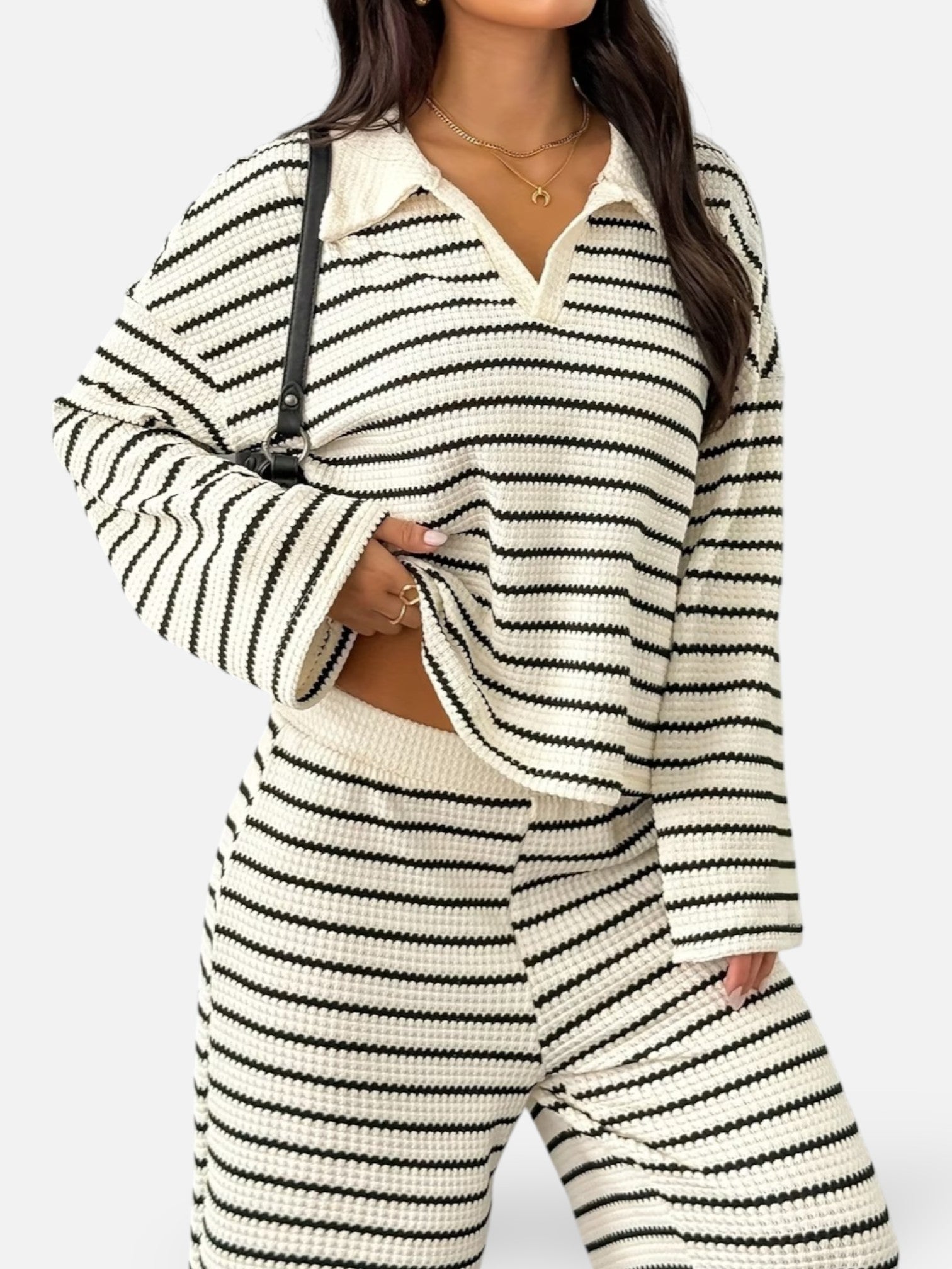 Ensemble maille rayée col polo pour femme