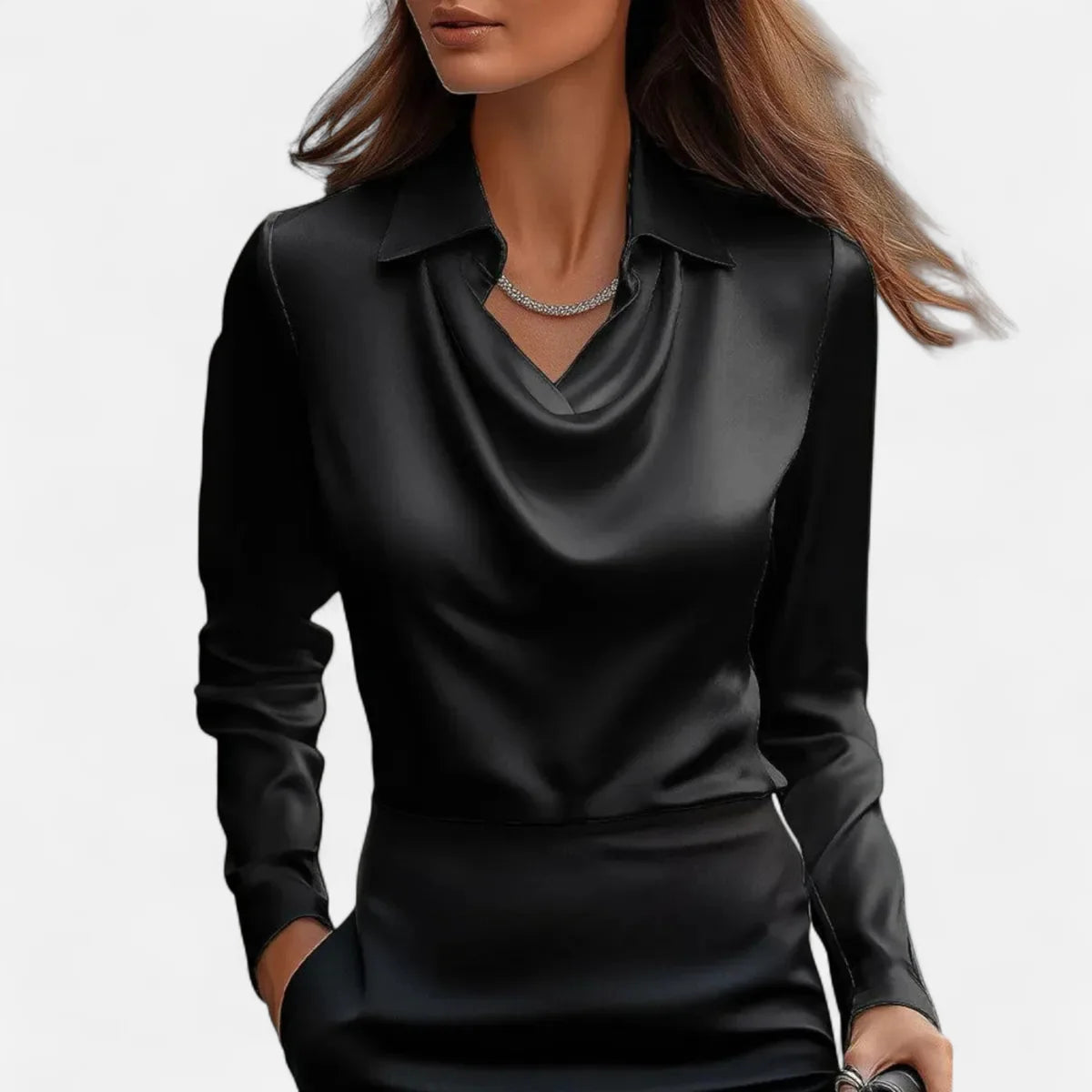 Pleated V-neck satin blouse for women