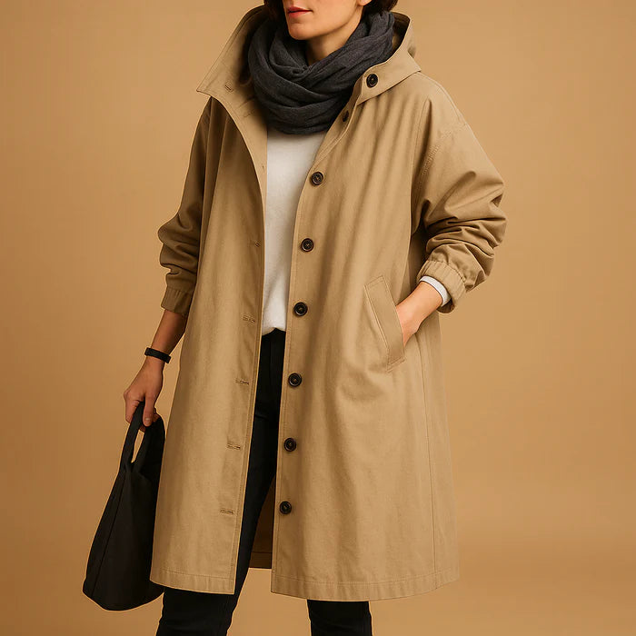 Manteau long imperméable pour femme avec capuche et poches