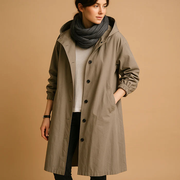 Manteau long imperméable pour femme avec capuche et poches