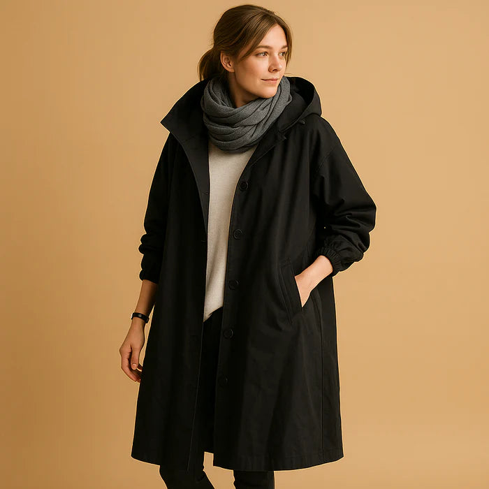 Manteau long imperméable pour femme avec capuche et poches