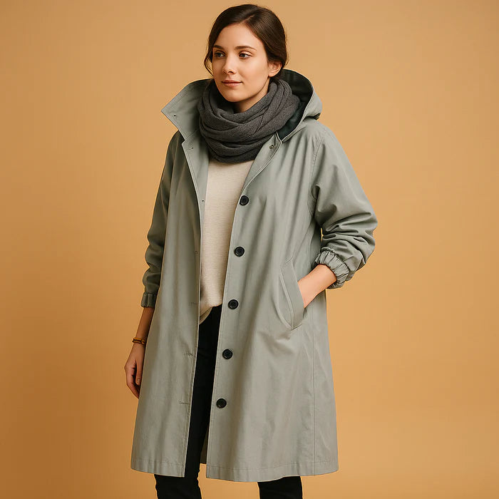 Manteau long imperméable pour femme avec capuche et poches