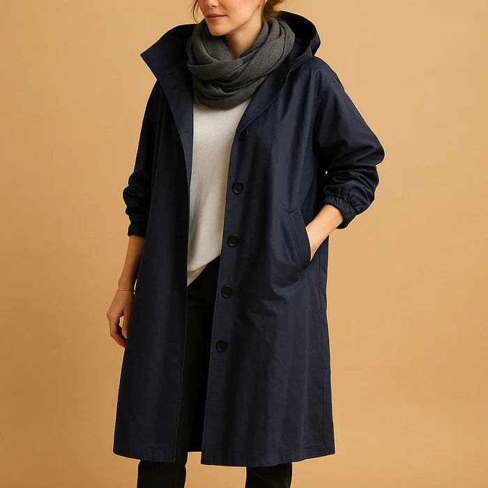 Manteau long imperméable pour femme avec capuche et poches