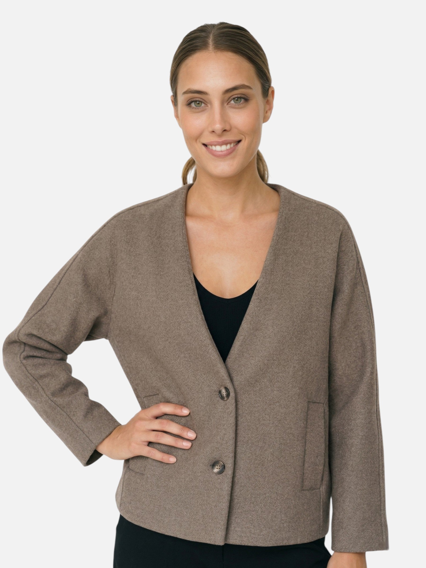 Blazer femme boutonné avec poches et col V – style moderne