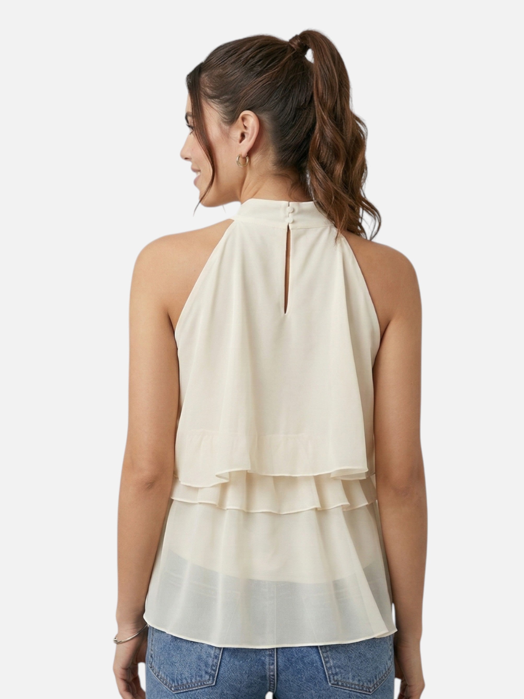 Top sans manches à volants col montant pour femme