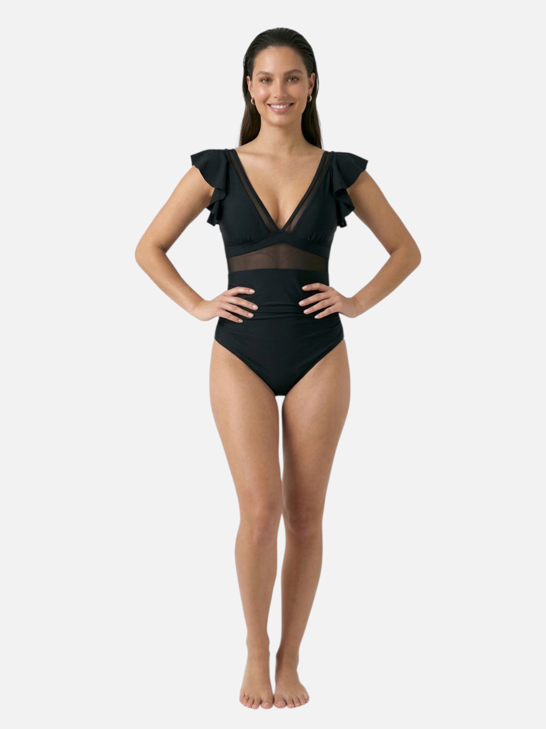 Maillot de bain femme gainant col V à volants avec maille transparente