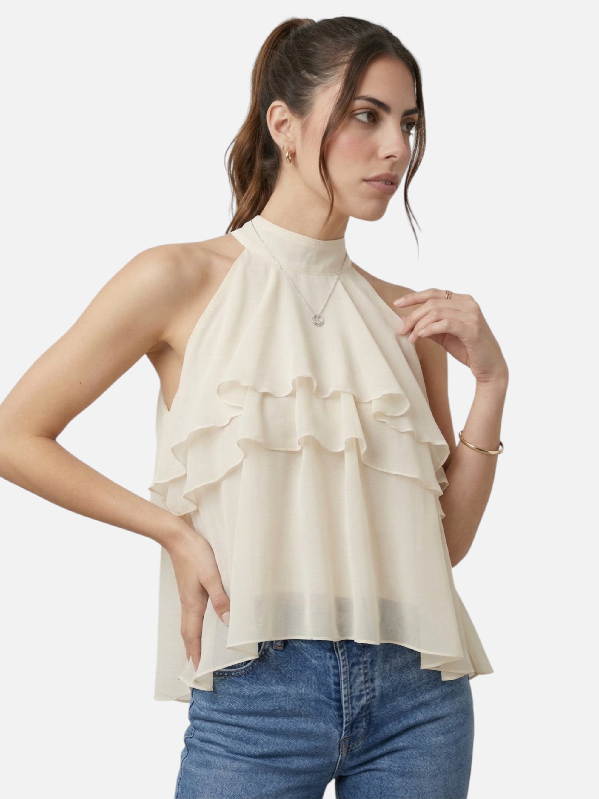 Top sans manches à volants col montant pour femme