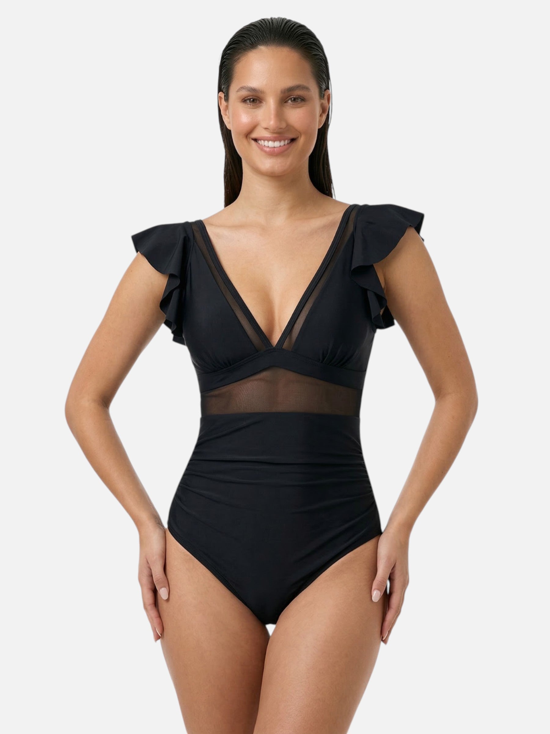 Maillot de bain femme gainant col V à volants avec maille transparente