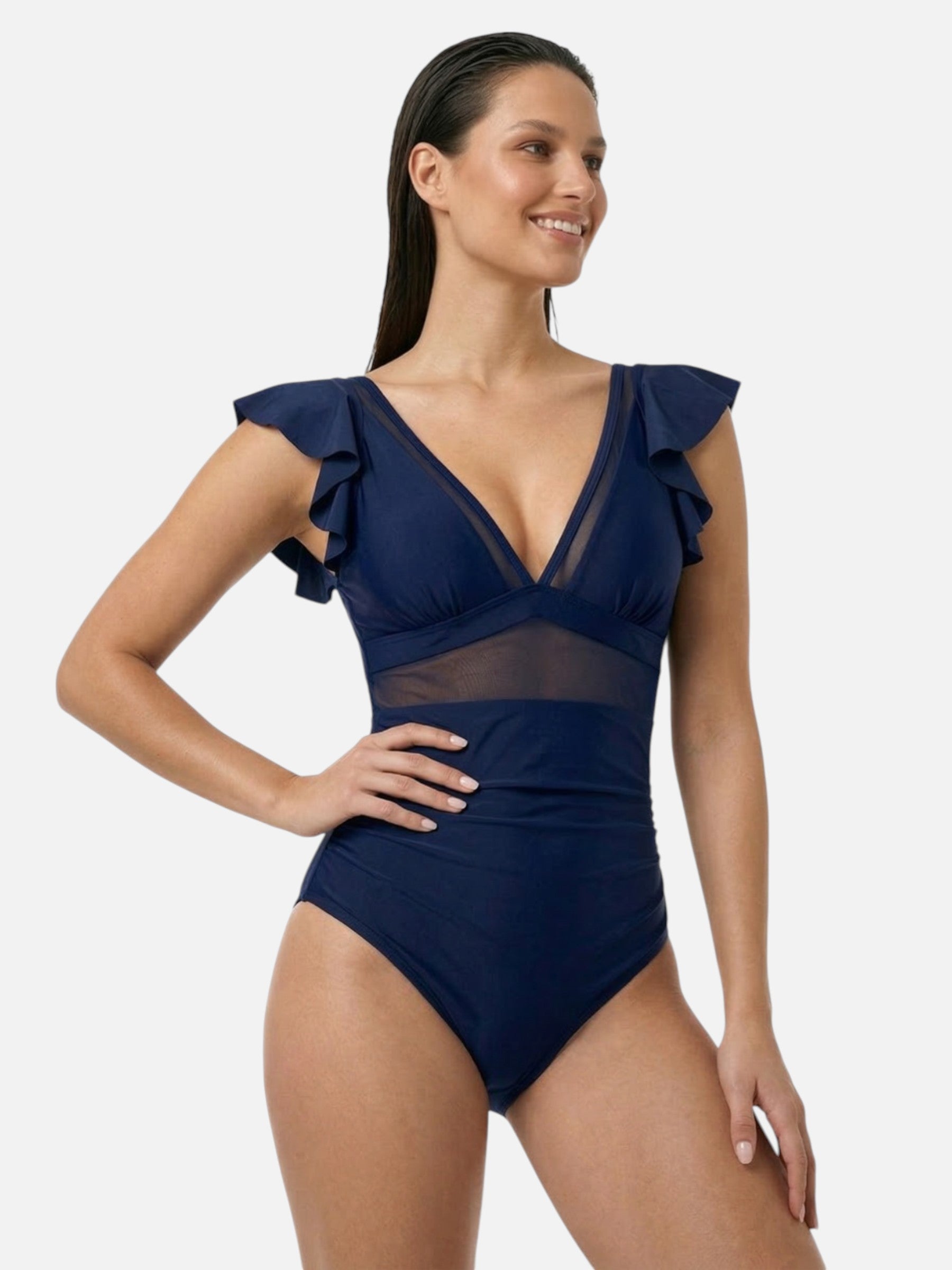 Maillot de bain femme gainant col V à volants avec maille transparente