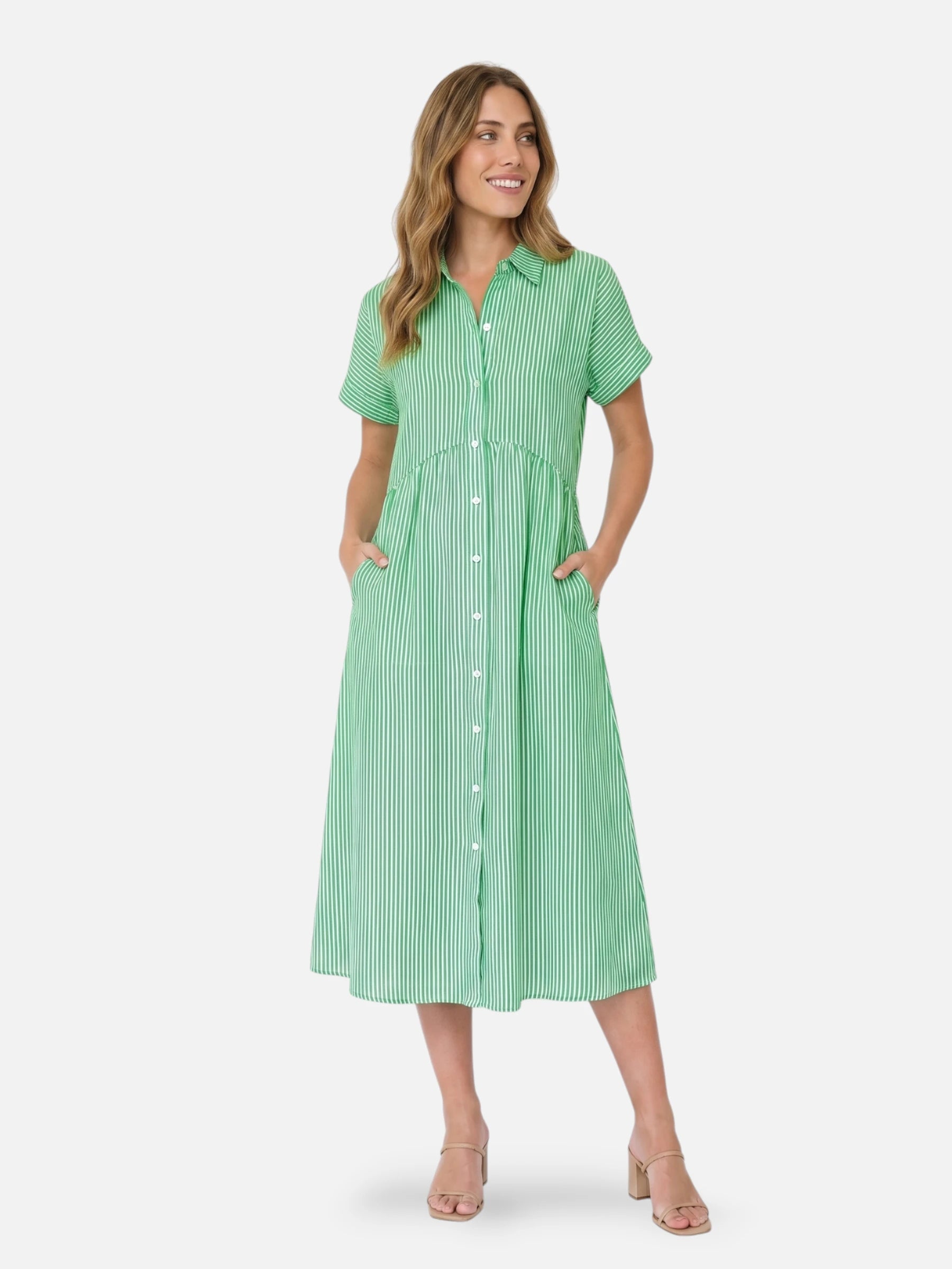 Striped midi shirt dress – shirt collar and flared cut