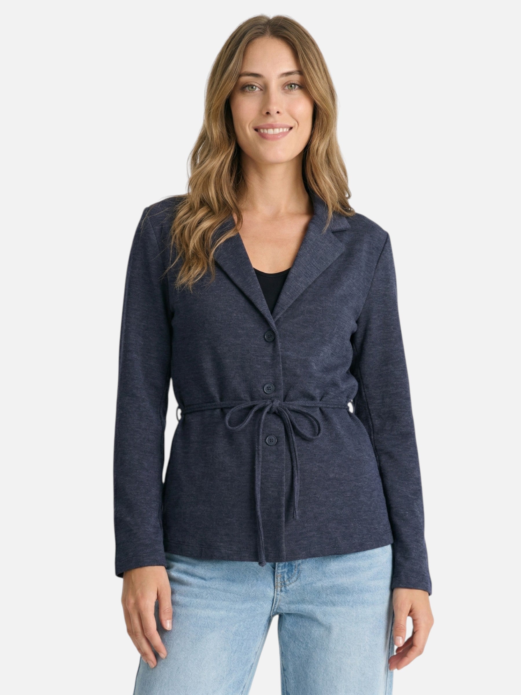 Navy blue women's blazer with belt – modern and refined style