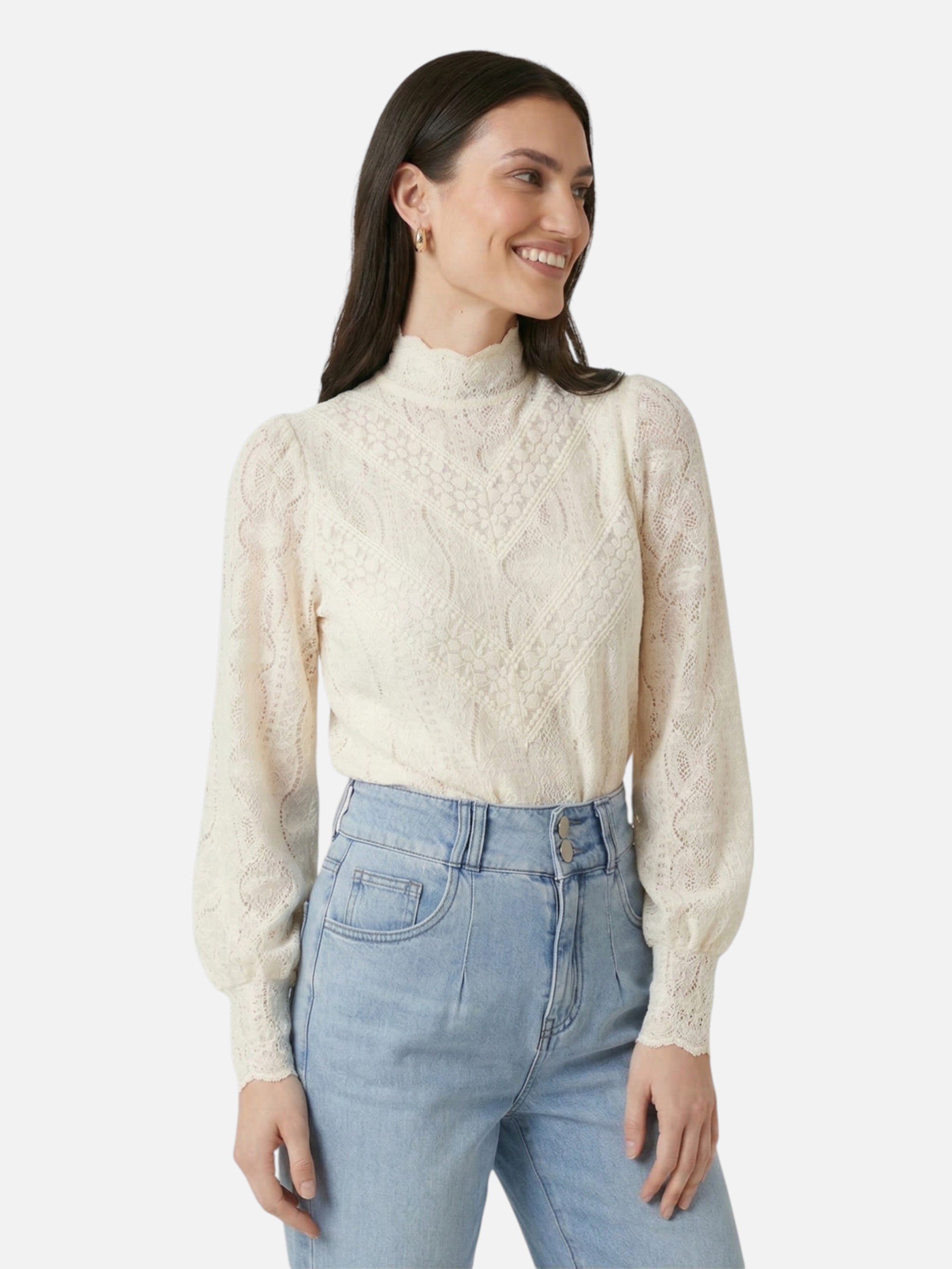 Blouse en dentelle à col montant et manches longues pour femme