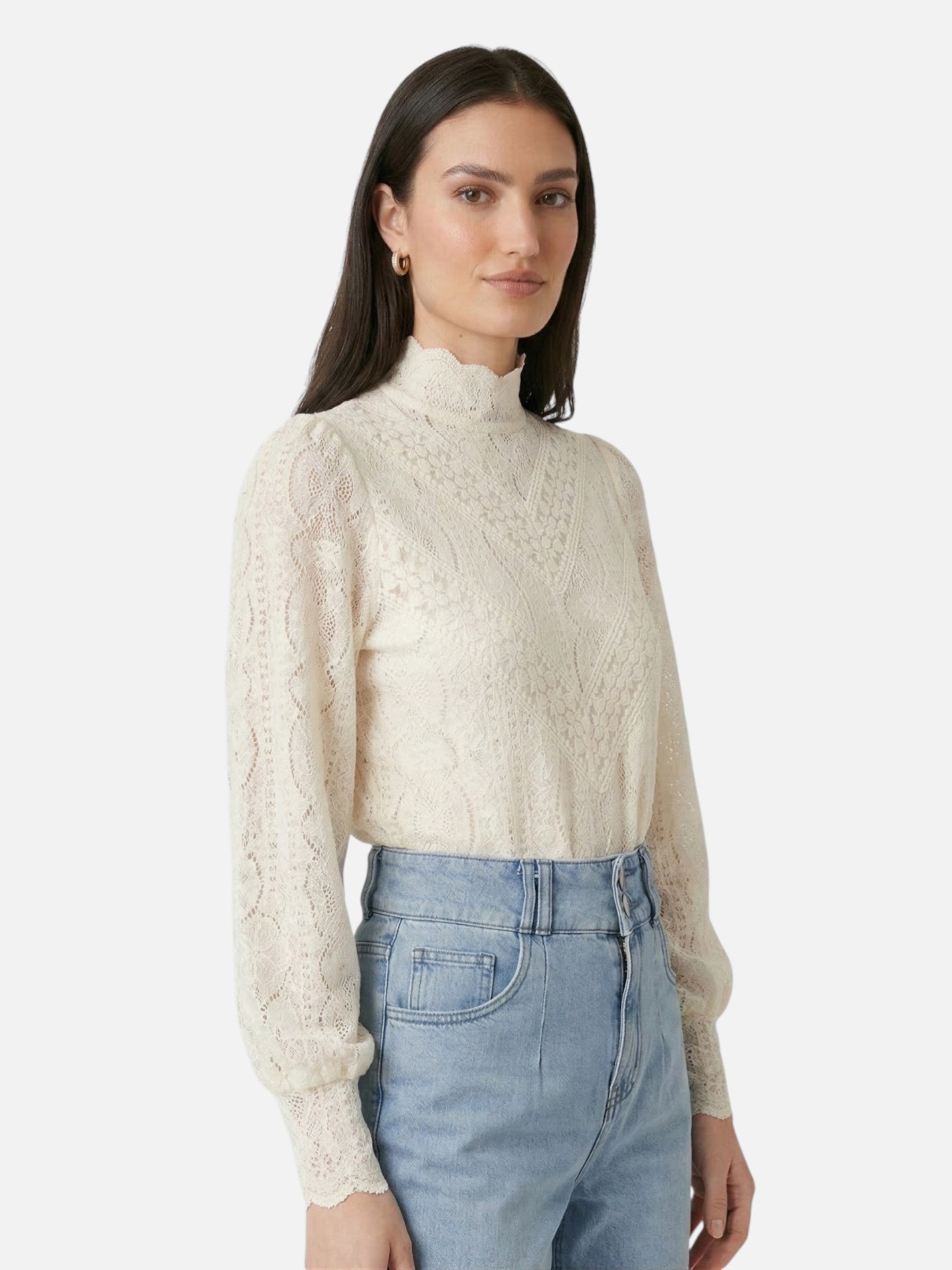 Blouse en dentelle à col montant et manches longues pour femme