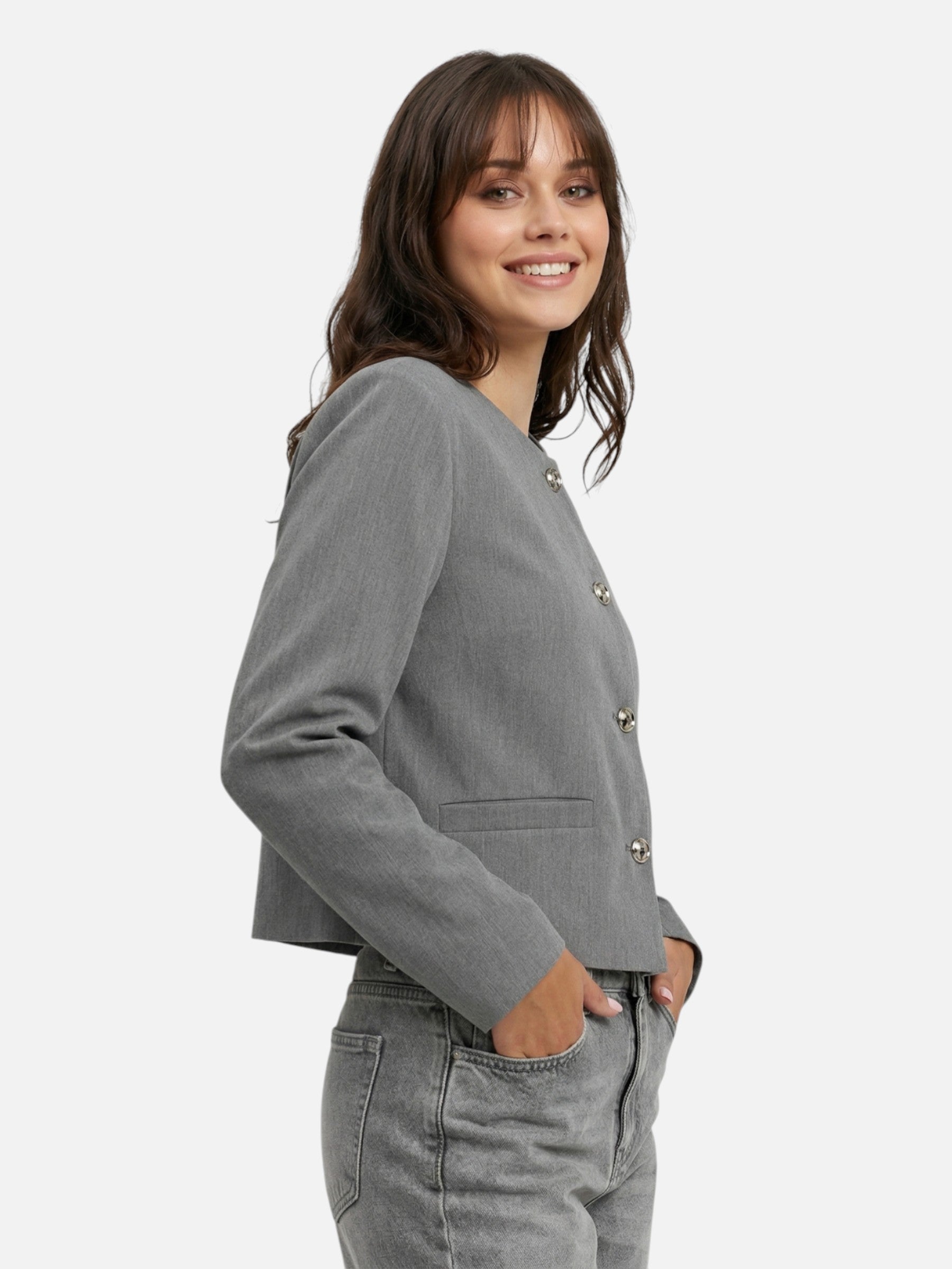 Blazer femme gris sans col boutonné coupe courte élégante